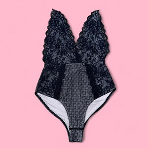 Sexy Whimsigoth Olivaceous Black Lace Bodysuit Plunging V-Neck Small